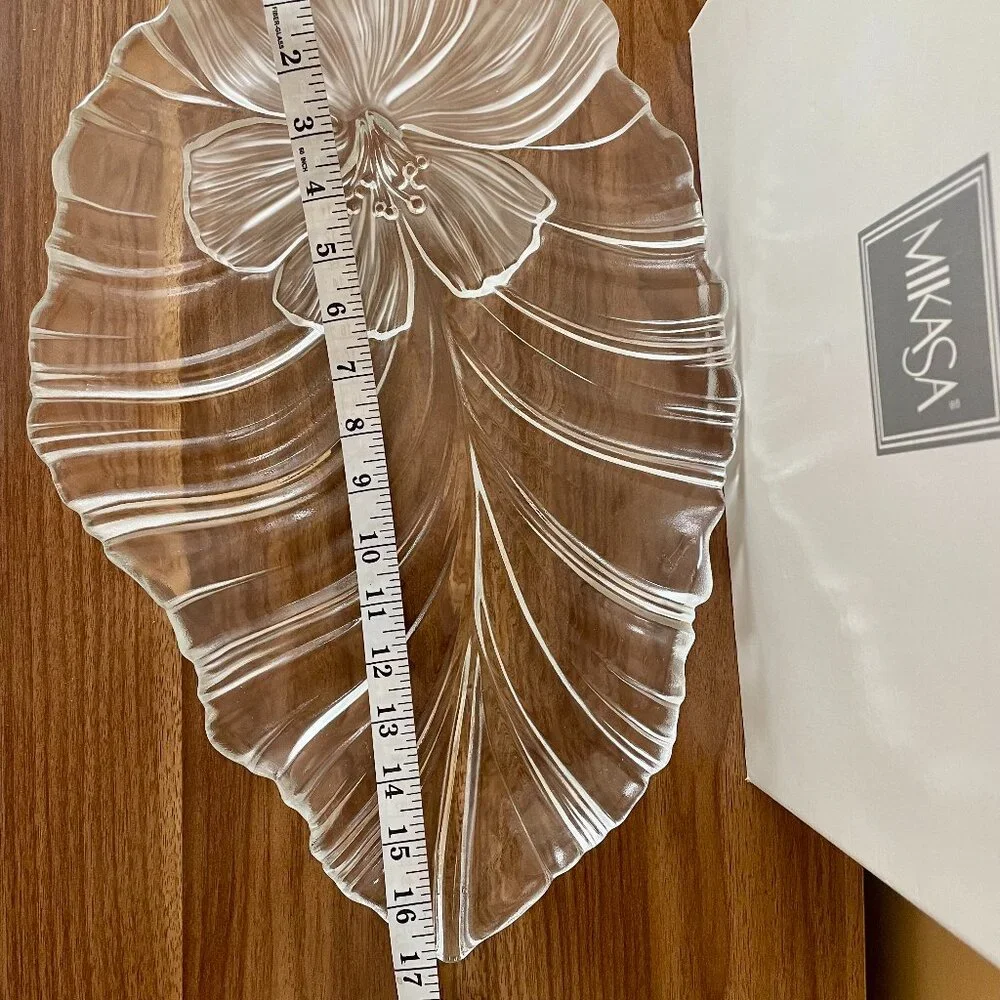 Mikasa Leave Shape Crystal Platter Large Frosted Glass Tray